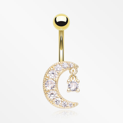 Golden Crescent Moon Dainty Sparkle Belly Button Ring-Clear Gem