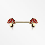 A Pair of Golden Poison Red Mushroom Sparkle Nipple Barbell