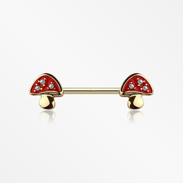 A Pair of Golden Poison Red Mushroom Sparkle Nipple Barbell