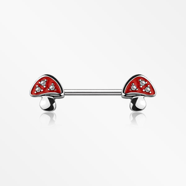 A Pair of Poison Red Mushroom Sparkle Nipple Barbell