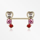 A Pair of Golden Heart Sparkle Journey Ombre Nipple Barbell-Red/Pink/Clear Gem
