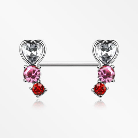 A Pair of Heart Sparkle Journey Ombre Nipple Barbell-Red/Pink/Clear Gem
