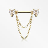 A Pair of Golden Heart Gem Sparkle Double Chained Nipple Barbell-Clear Gem