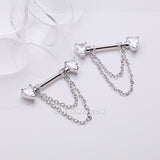 Detail View 1 of A Pair of Heart Gem Sparkle Double Chained Nipple Barbell-Clear Gem