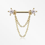 A Pair of Golden Star Gem Sparkle Double Chained Nipple Barbell-Clear Gem
