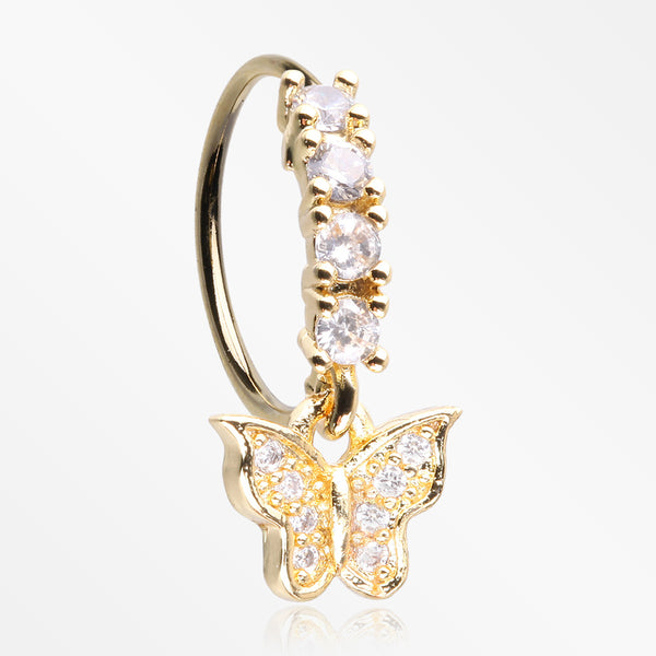 Golden Butterfly Elegance Sparkle Dangle Multi-Gem Lined Bendable Hoop Ring-Clear Gem