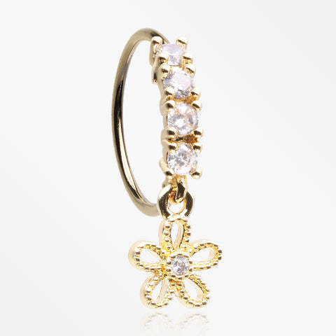 Golden Adorable Hollow Flower Sparkle Dangle Multi-Gem Lined Bendable Hoop Ring-Clear Gem