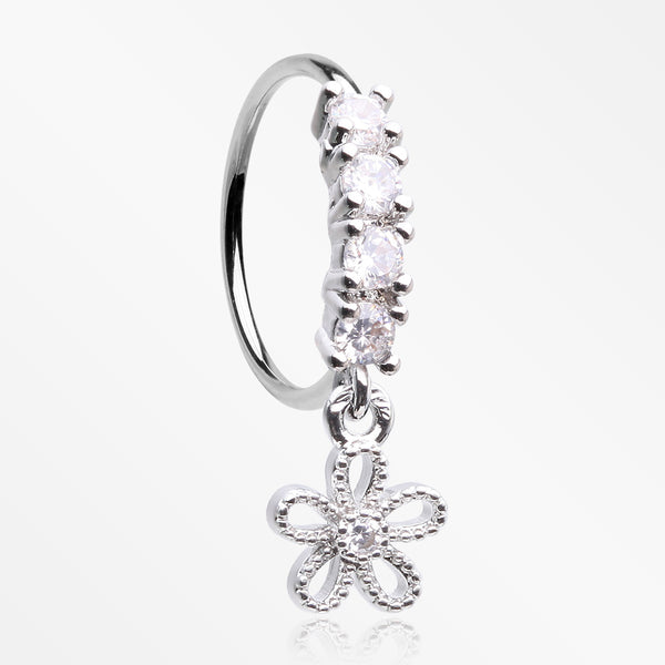 Adorable Hollow Flower Sparkle Dangle Multi-Gem Lined Bendable Hoop Ring-Clear Gem