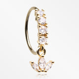 Golden Trefoil Marquise Floral Sparkle Dangle Multi-Gem Lined Bendable Hoop Ring-Clear Gem