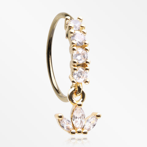 Golden Trefoil Marquise Floral Sparkle Dangle Multi-Gem Lined Bendable Hoop Ring-Clear Gem