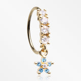 Golden Magnificent Flower Sparkle Dangle Multi-Gem Lined Bendable Hoop Ring-Blue/Clear Gem