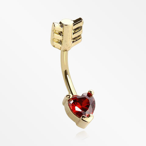 Golden Cupid's Arrow Heart Sparkle Belly Button Ring-Red