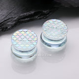 Detail View 1 of A Pair of Iridescent Aurora Mermaid Scale Glass Double Flared Plug