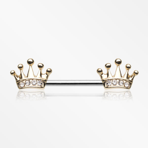 A Pair of Golden Princess Crown Nipple Barbell-Clear Gem