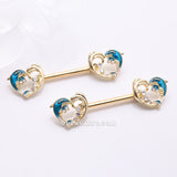 Detail View 1 of A Pair of Golden Blue Dolphin Wave Heart Sparkle Nipple Barbell-Blue