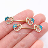 Detail View 2 of A Pair of Golden Blue Dolphin Wave Heart Sparkle Nipple Barbell-Blue