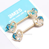 Detail View 3 of A Pair of Golden Blue Dolphin Wave Heart Sparkle Nipple Barbell-Blue