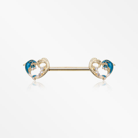 A Pair of Golden Blue Dolphin Wave Heart Sparkle Nipple Barbell-Blue