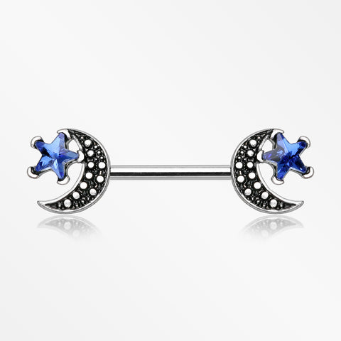 A Pair of Vintage Crescent Moon Sparkle Stars Nipple Barbell-Blue