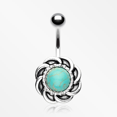 Tribal Turquoise Sun Belly Button Ring-Blue/Aqua