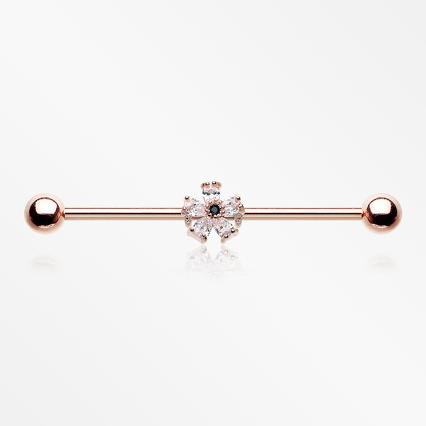 Rose Gold Dainty Flower Sparkle Dazzle Industrial Barbell-Clear
