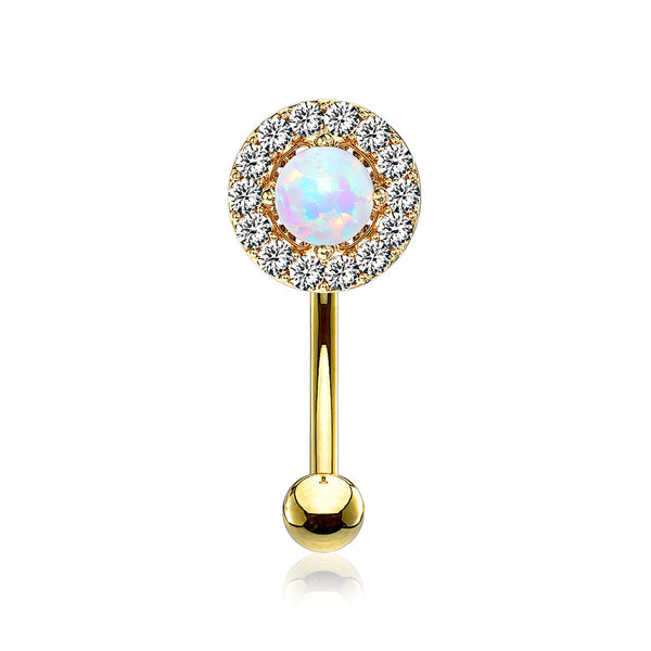 Golden Brilliant Sparkle Gems Fire Opal Prong Set Curved Barbell-White Opal