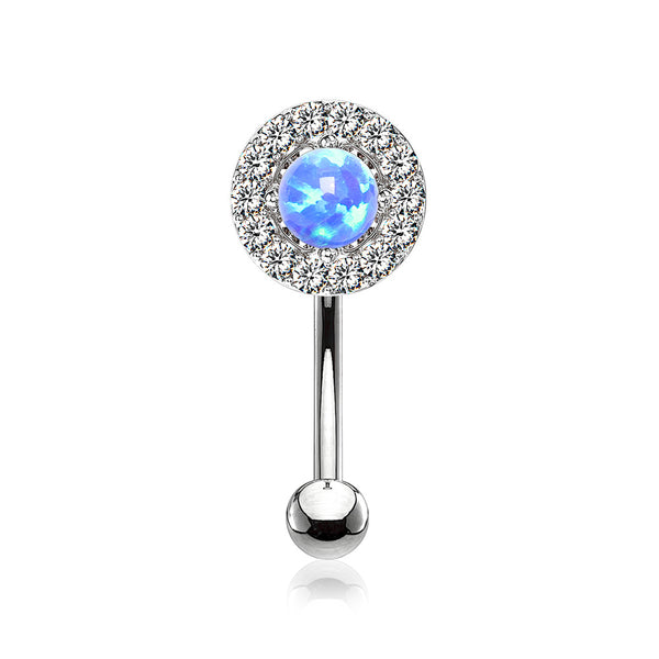 Brilliant Sparkle Gems Fire Opal Prong Set Curved Barbell-Blue Opal