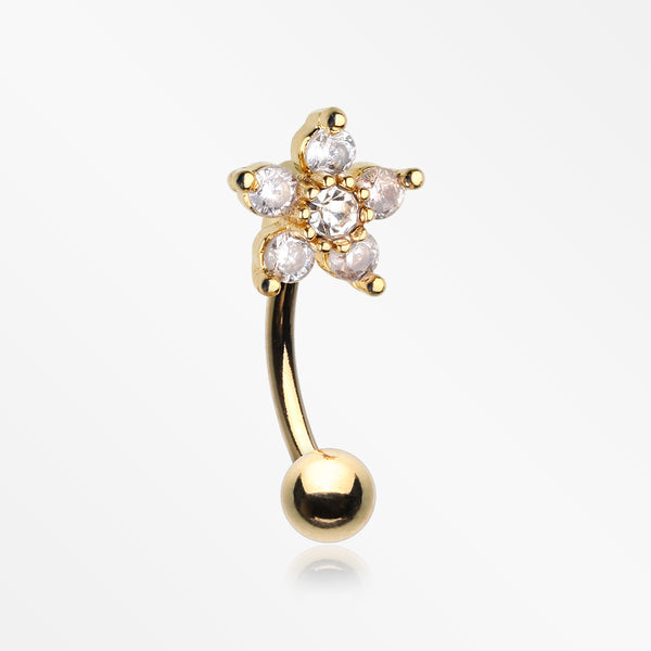 Golden Glistening Flower Sparkle Curved Barbell-Clear