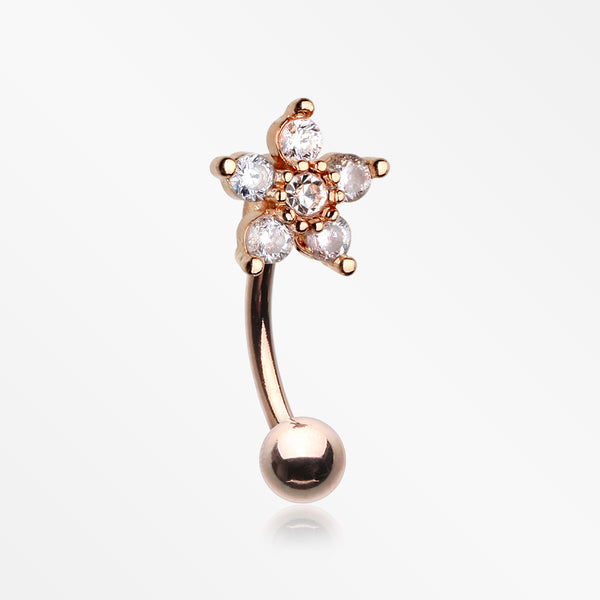 Rose Gold Glistening Flower Sparkle Curved Barbell-Clear