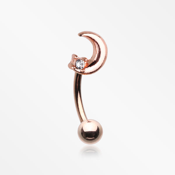 Rose Gold Midnight Crescent Moon Sparkle Curved Barbell-Clear
