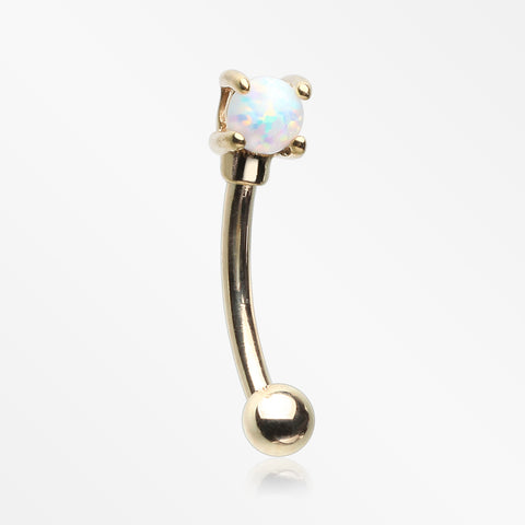 14 Karat Gold Prong Set Fire Opal Sparkle Curved Barbell-White Opal