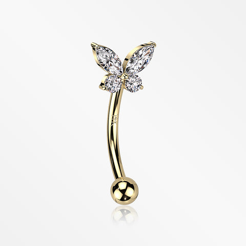 14 Karat Gold Prong Set Marquise Butterfly Gem Sparkle Curved Barbell-Clear Gem