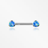 A Pair of 14 Karat White Gold OneFit™ Threadless Round Fire Opal Bezel Set Nipple Barbell-Blue Opal