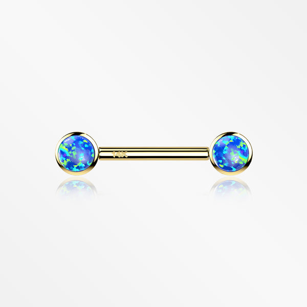 A Pair of 14 Karat Gold OneFit™ Threadless Round Fire Opal Bezel Set Nipple Barbell-Blue Opal