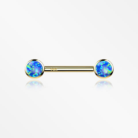 A Pair of 14 Karat Gold OneFit™ Threadless Round Fire Opal Bezel Set Nipple Barbell-Blue Opal