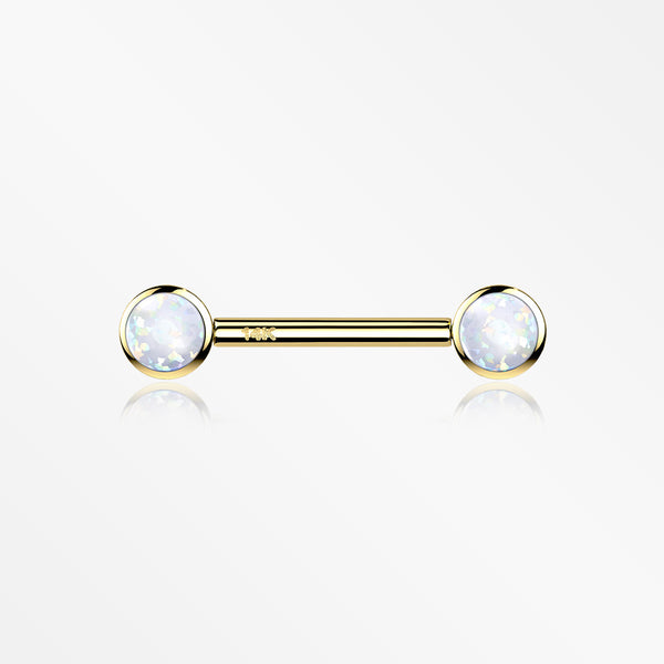 A Pair of 14 Karat Gold OneFit™ Threadless Round Fire Opal Bezel Set Nipple Barbell-White Opal