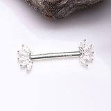 A Pair of 14 Karat White Gold OneFit™ Threadless Marquise Sparkle Floral Nipple Barbell-Clear Gem
