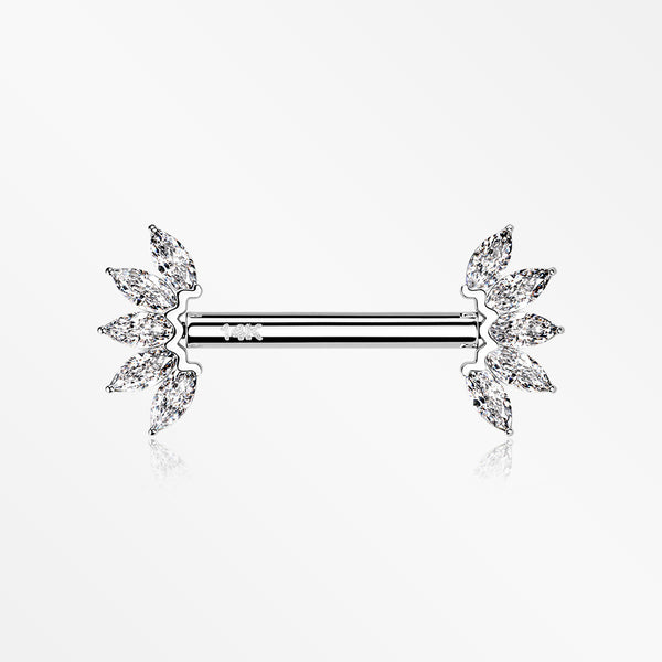 A Pair of 14 Karat White Gold OneFit™ Threadless Marquise Sparkle Floral Nipple Barbell-Clear Gem