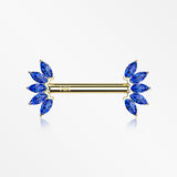A Pair of 14 Karat Gold OneFit™ Threadless Marquise Sparkle Floral Nipple Barbell-Blue