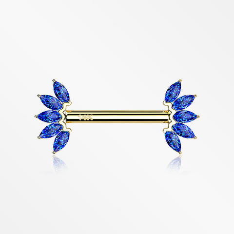 A Pair of 14 Karat Gold OneFit™ Threadless Marquise Sparkle Floral Nipple Barbell-Blue
