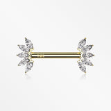 A Pair of 14 Karat Gold OneFit™ Threadless Marquise Sparkle Floral Nipple Barbell-Clear Gem