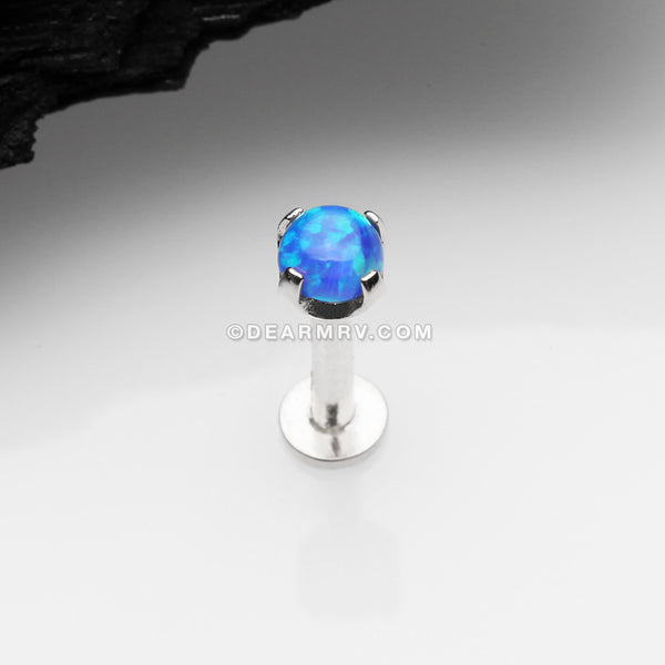 14 Karat White Gold OneFit™ Threadless Prong Set Fire Opal Top Flat Back Stud Labret-Blue Opal