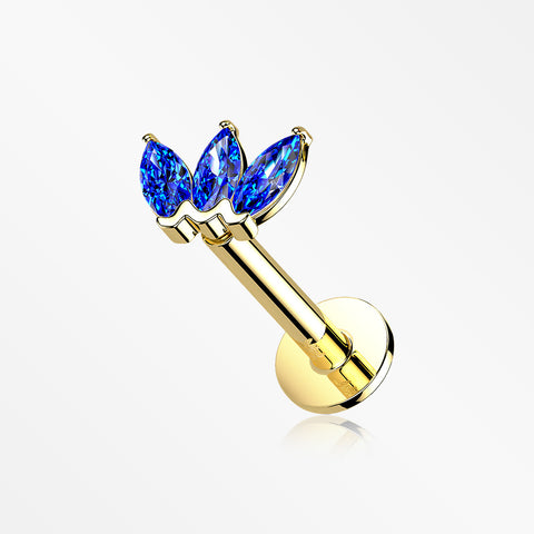 14 Karat Gold OneFit™ Threadless Triple Marquise Sparkle Flower Flat Back Stud Labret-Blue