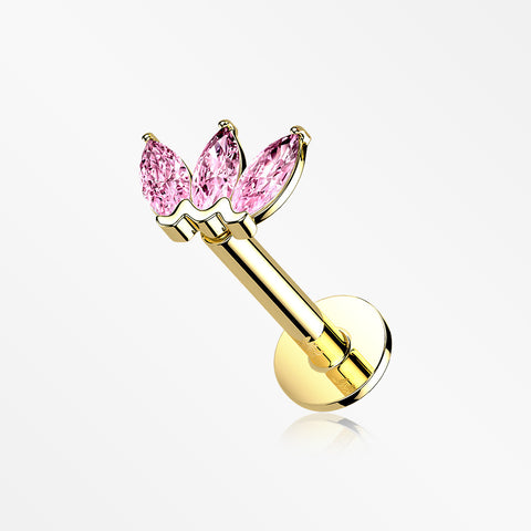 14 Karat Gold OneFit™ Threadless Triple Marquise Sparkle Flower Flat Back Stud Labret-Pink