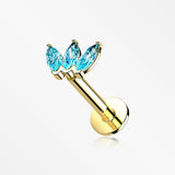 14 Karat Gold OneFit™ Threadless Triple Marquise Sparkle Flower Flat Back Stud Labret-Aqua