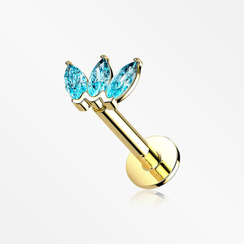 14 Karat Gold OneFit™ Threadless Triple Marquise Sparkle Flower Flat Back Stud Labret-Aqua