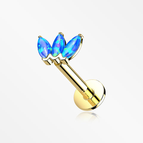 14 Karat Gold OneFit™ Threadless Triple Marquise Fire Opal Flower Flat Back Stud Labret-Blue Opal