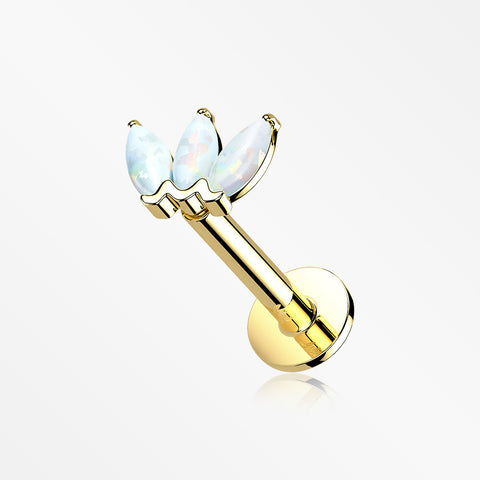 14 Karat Gold OneFit™ Threadless Triple Marquise Fire Opal Flower Flat Back Stud Labret-White Opal