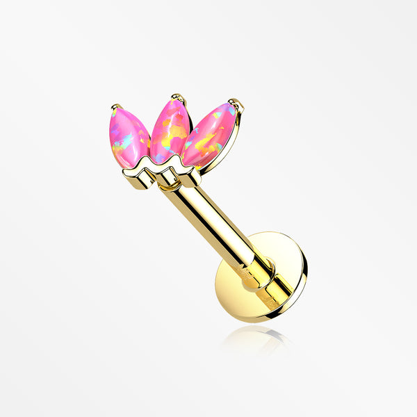 14 Karat Gold OneFit™ Threadless Triple Marquise Fire Opal Flower Flat Back Stud Labret-Pink Opal