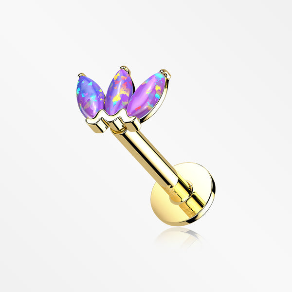 14 Karat Gold OneFit™ Threadless Triple Marquise Fire Opal Flower Flat Back Stud Labret-Purple Opal